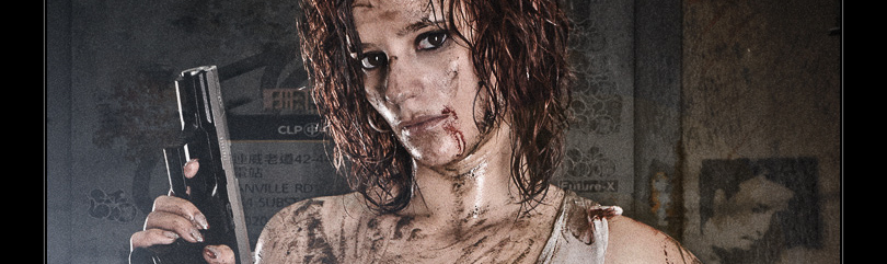 Fighting in the Streets - Erotic Girlfight Shooting with sweet model covered in dirt posing with a gun and dagger wearing dirty and dight jeans hotpants and a ripped off shirt showing her naked tits - © by Magistus
