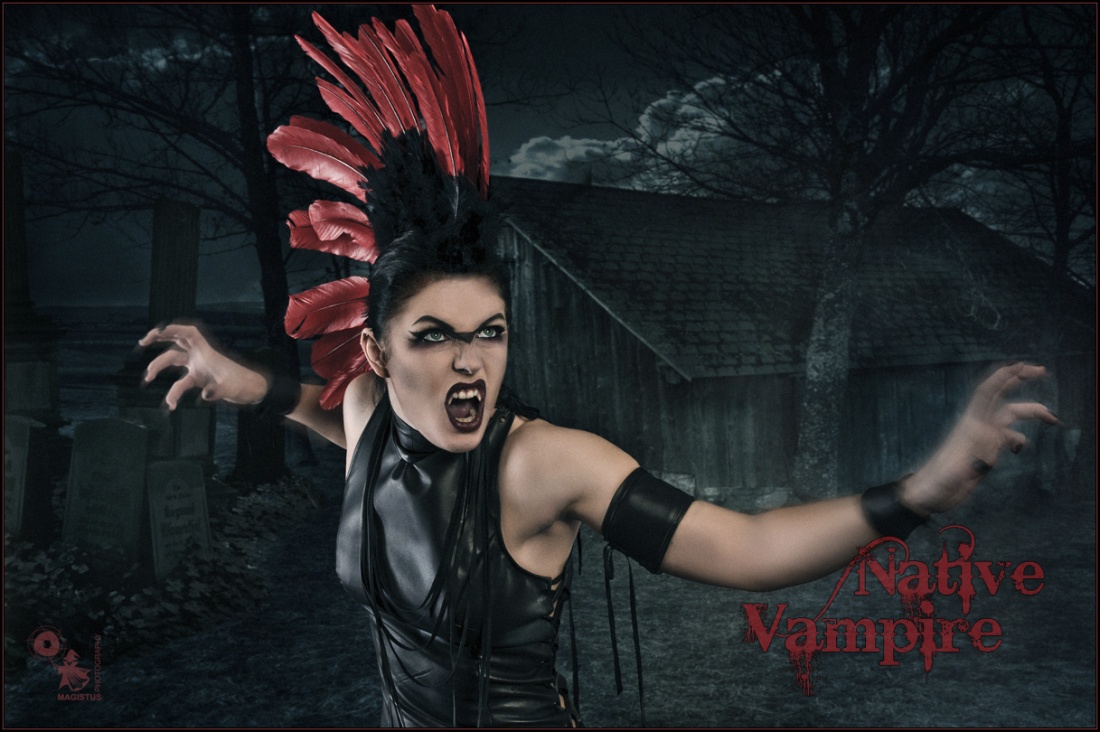 Native Vampire - Dark Vampire Composing with cool model posing as a  vampire with a native america feather headdress in front of a dark cottage and graveyard. - © by Magistus
