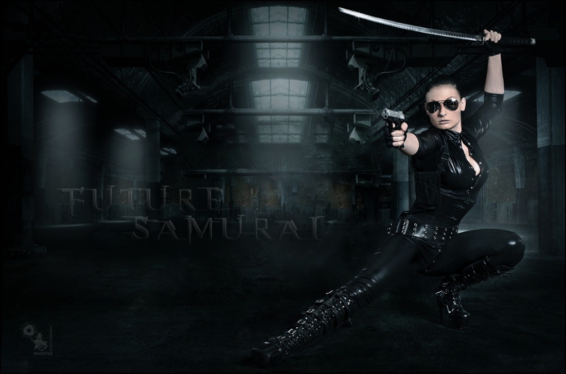 Fightergirl: Future Samurai - Erotic Girlfight Composing with a sexy girl in a black latex dress posing with a sword and gun showing a lot of cleavage -  © by Magistus - Background by DesignFlash (DeviantArt)