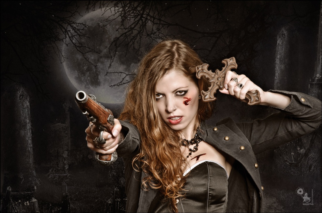 Vampire Hunter - Fightergirl Composing with tough model posing with a gun and iron cross wearing a black corsage - Composing © by Magistus - Background by *E-dina - DeviantArt: http://fav.me/d4sb7q8