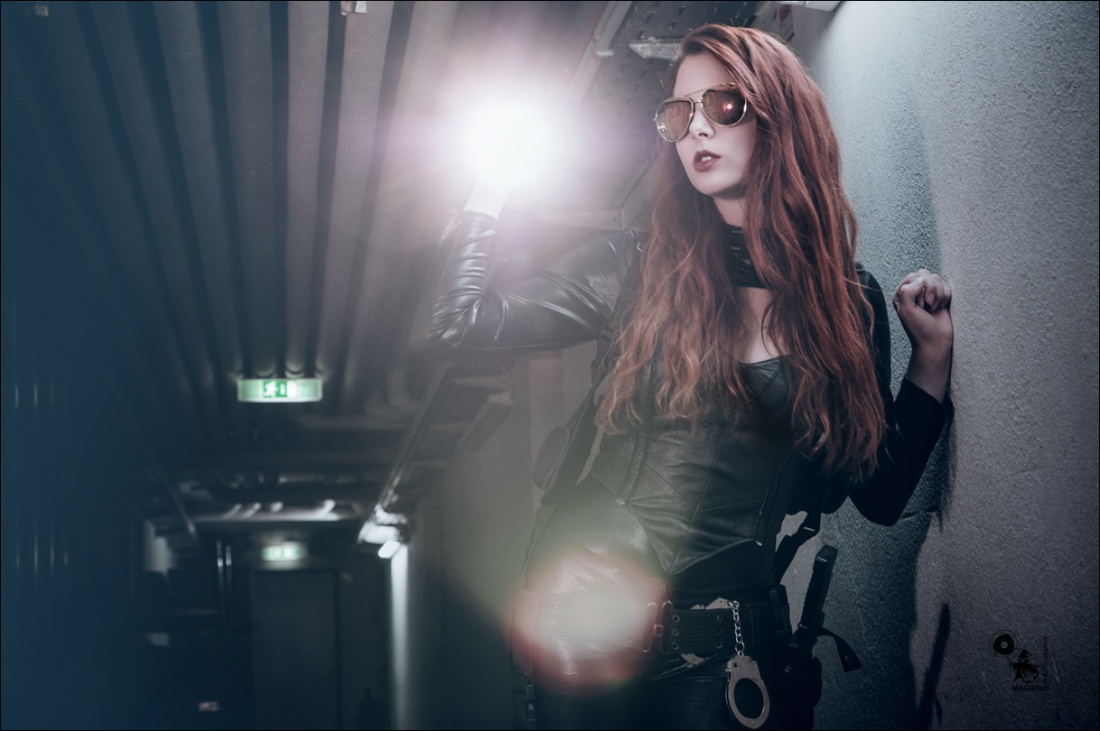 Fighter Babe - Super sexy redhead model is exploring the dark wearing a tight black dress and corsage - © by Magistus